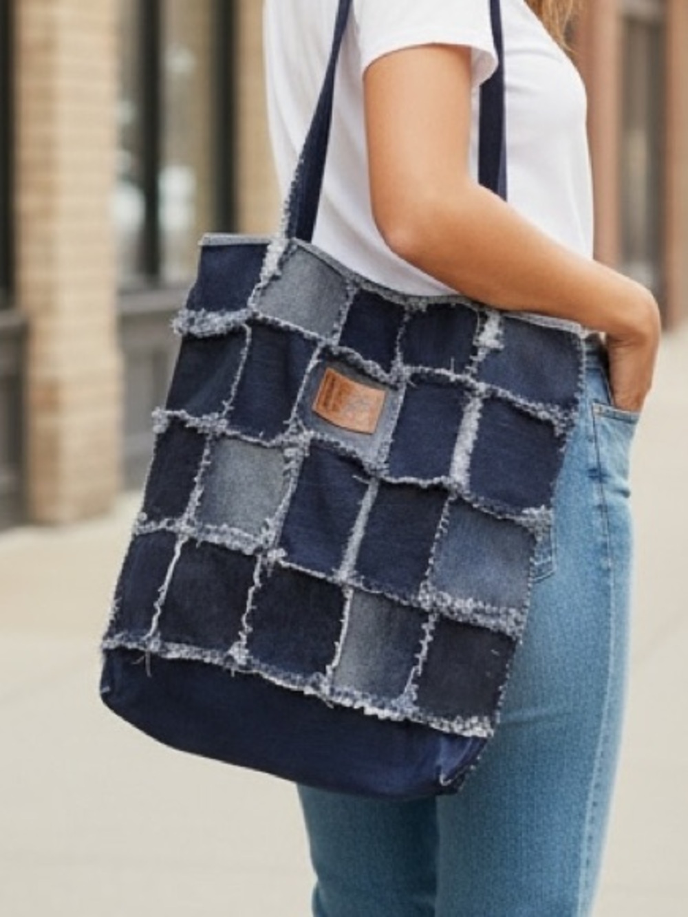 Denim Patchwork Tote Bag - Navy Blue